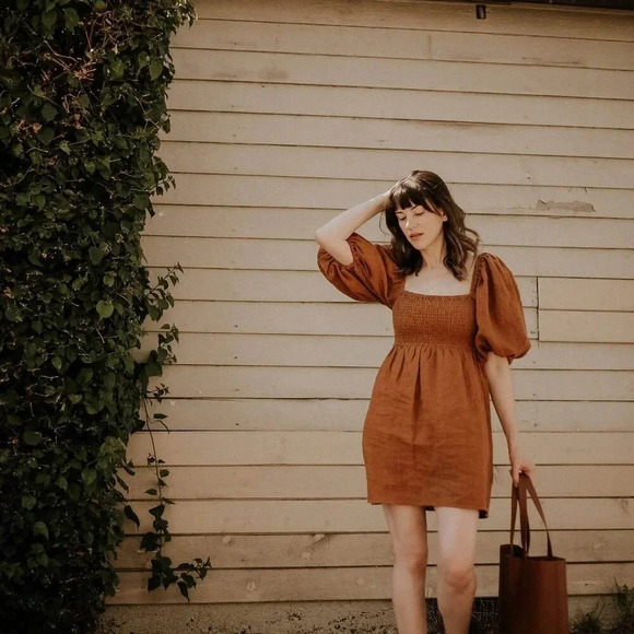 Sézane Carlie Dress Linen Puff Sleeve In Camel - Picture 6 of 9